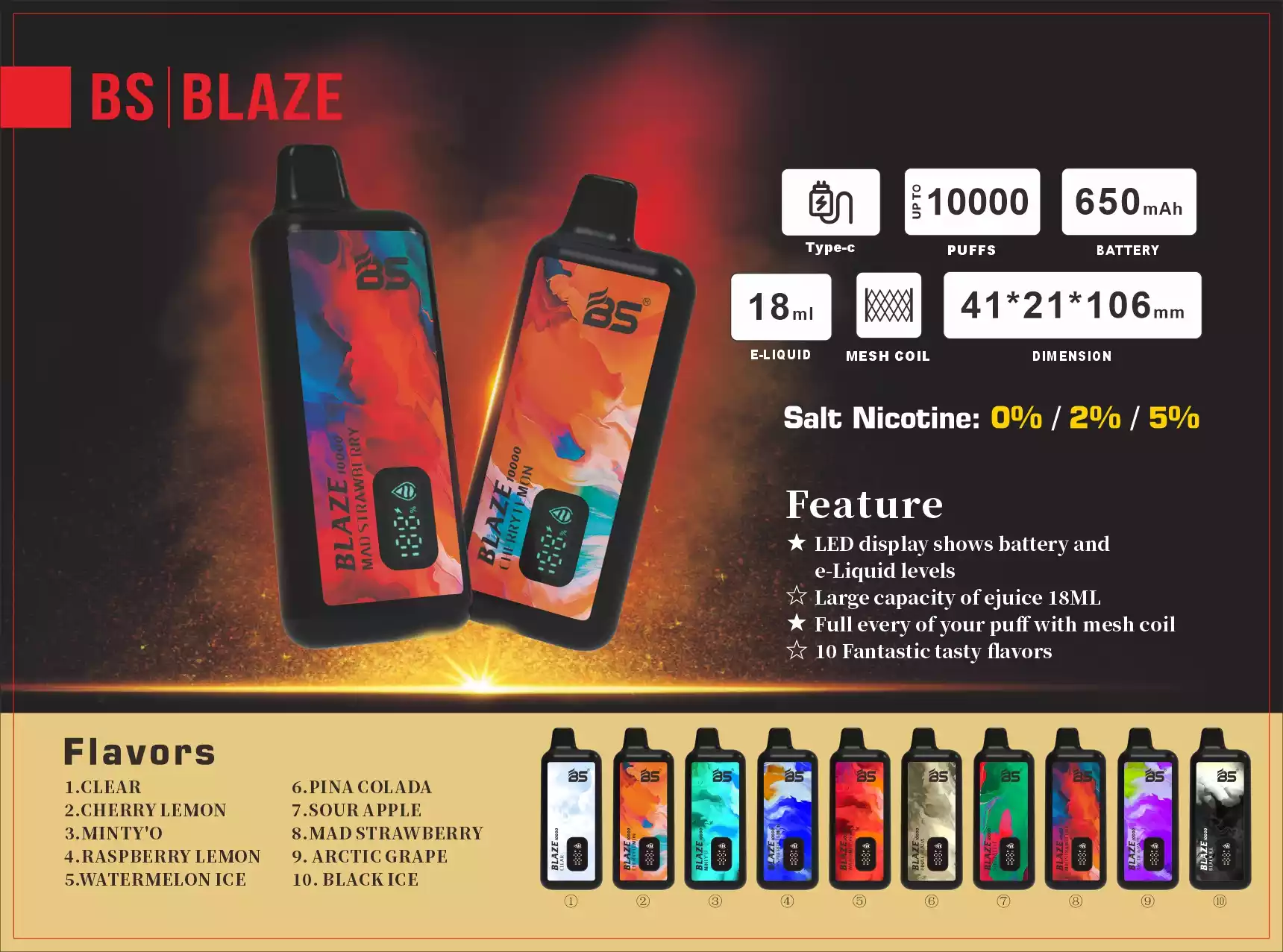 BREZE BS BLAZE 10000 Puffs Langes Dampfen mit Mesh Coil