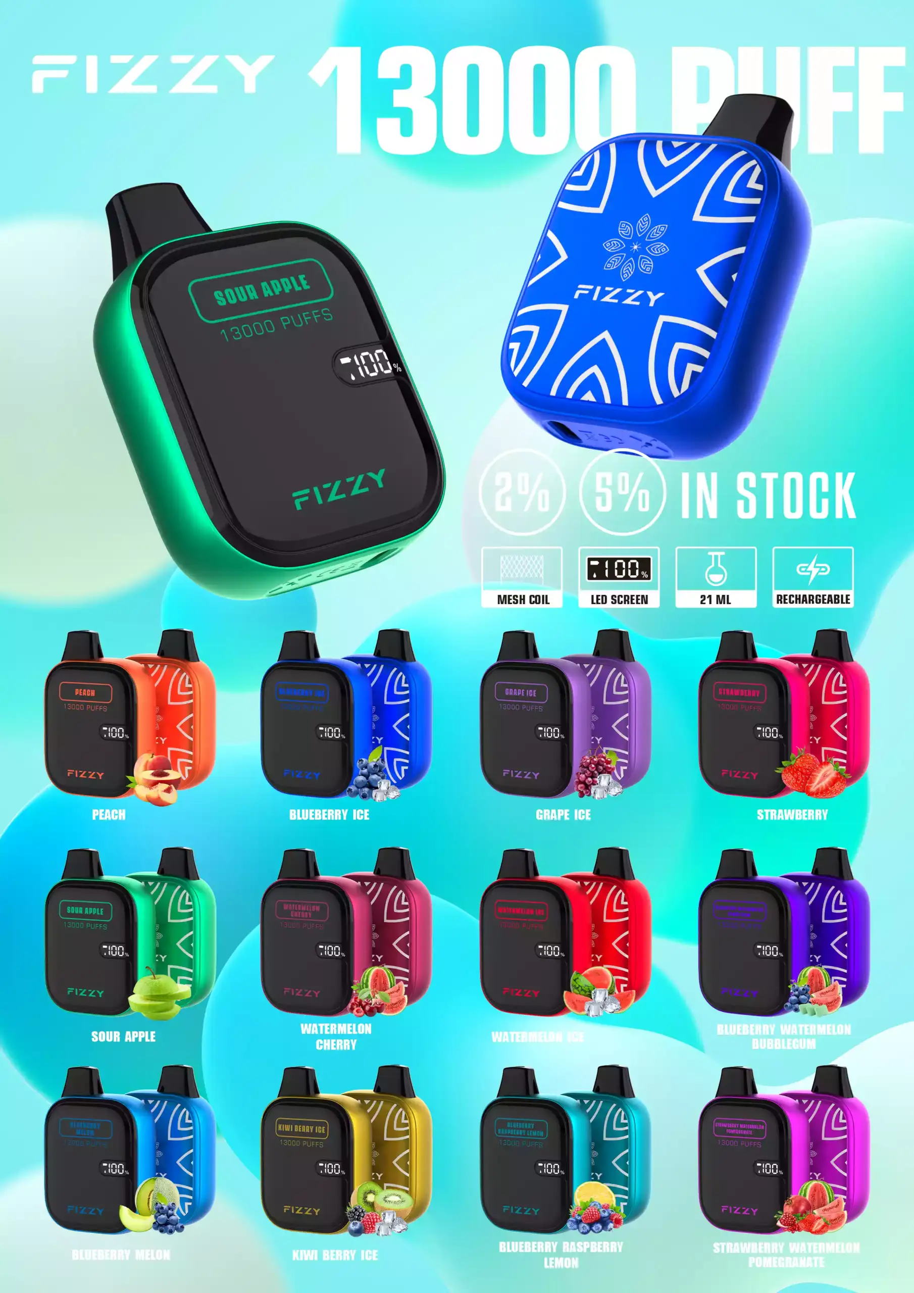 Fizzy Boom 13000 Puffs Langlebige Einweg-E-Zigarette mit Mesh-Coil