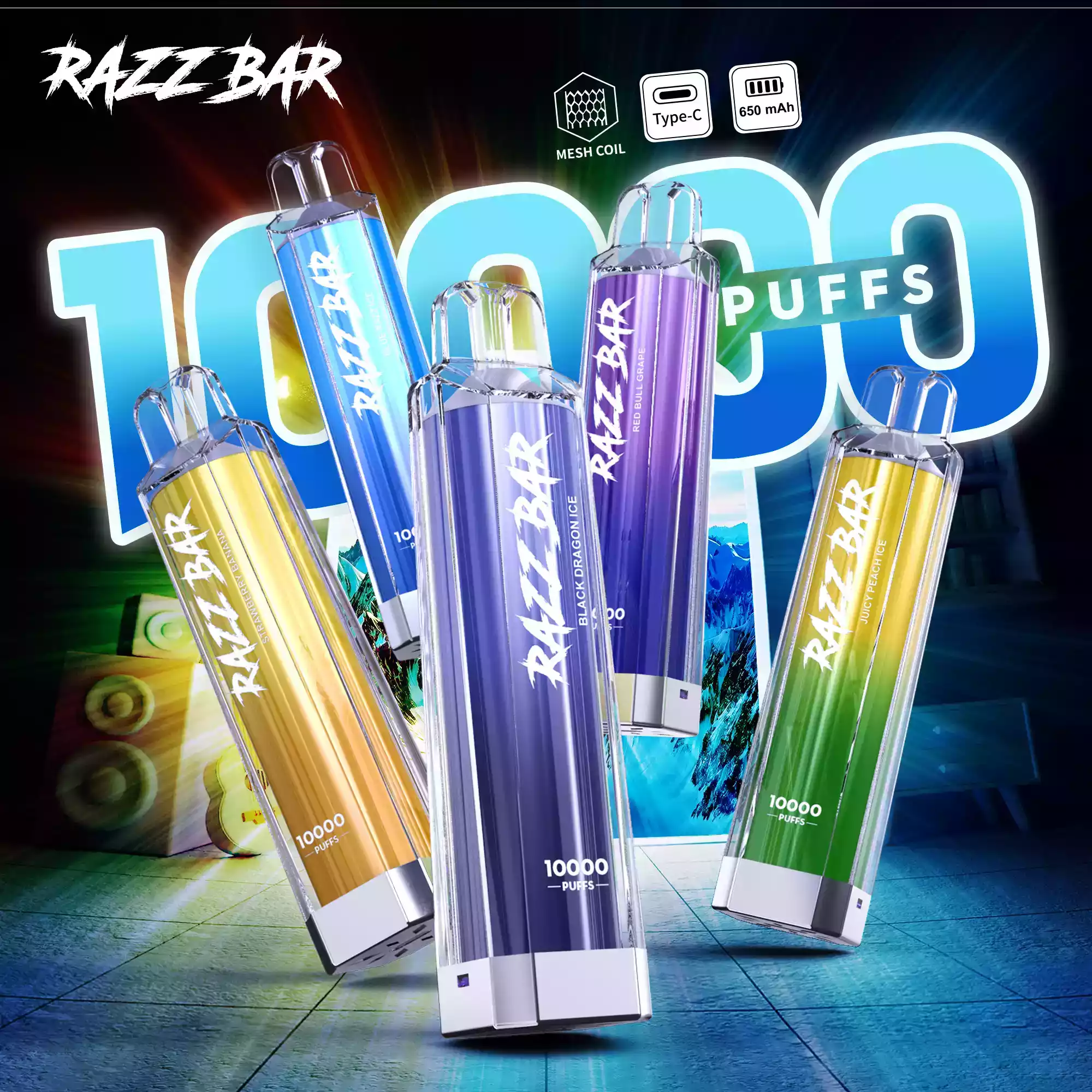 Razz Bar Crystal 10000 Puffs Vape mit USB-C & Mesh Coil
