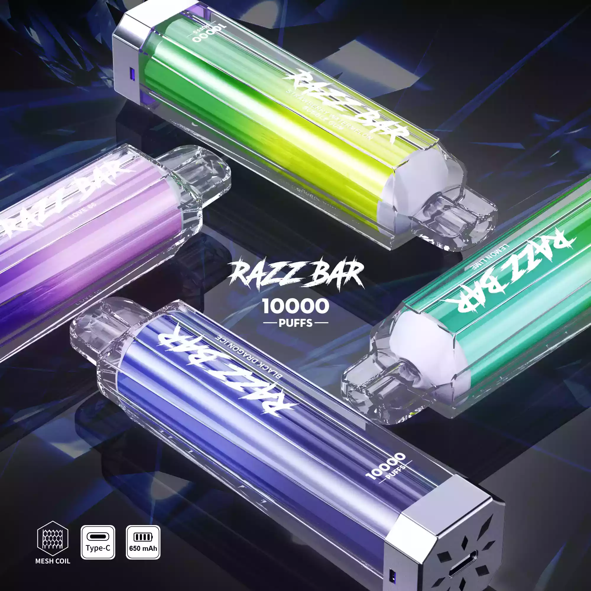 Razz Bar Crystal 10000 Puffs Vape mit USB-C & Mesh Coil
