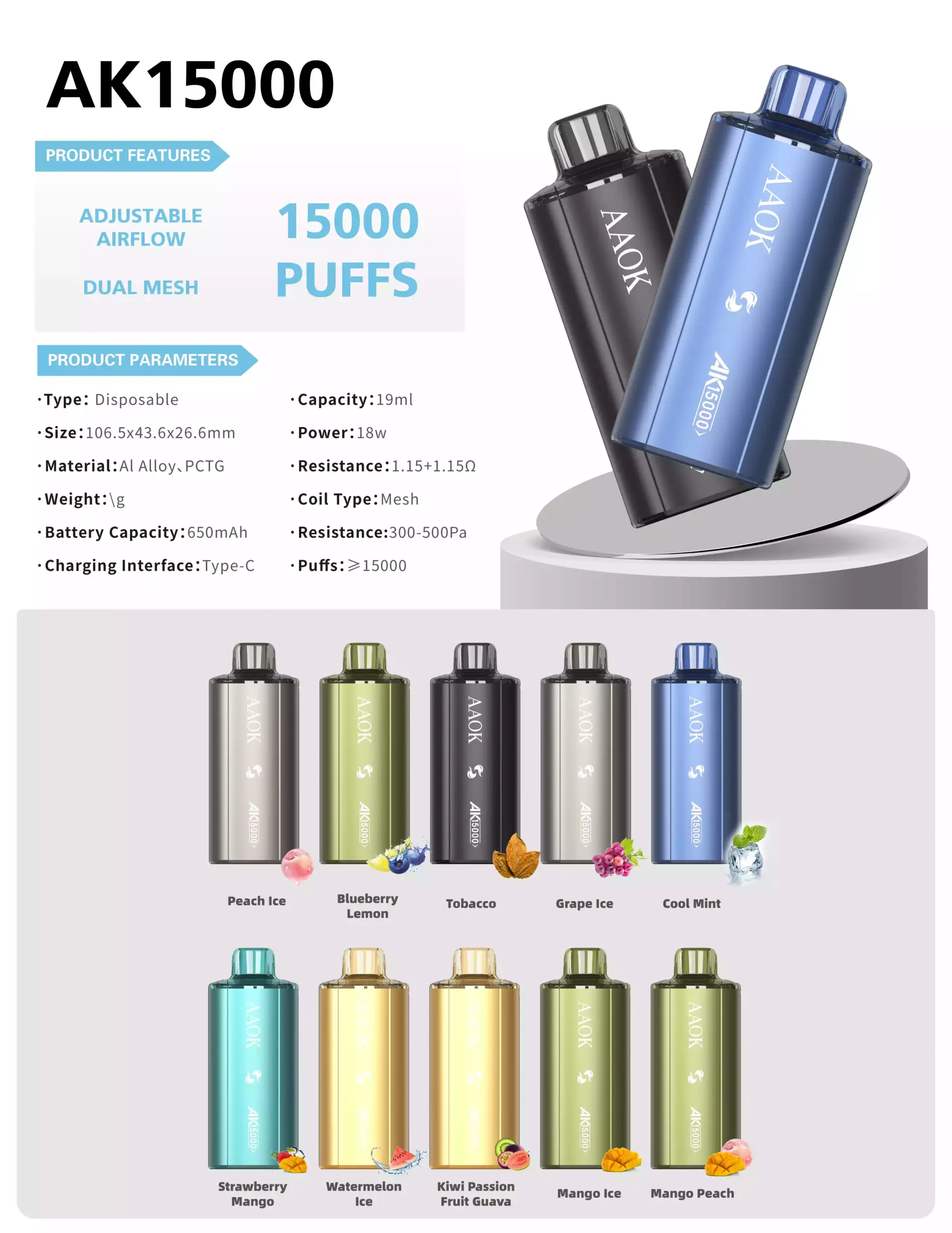 AAOK A82 AK15000 Puffs Disposable Vape Dual Mesh Coil