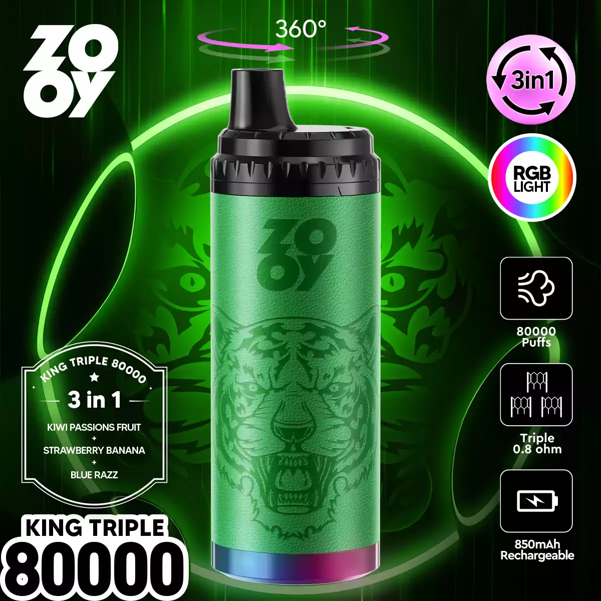 Zooy King Triple 80000 Puffs Disposable Vape 3 in 1 Flavors