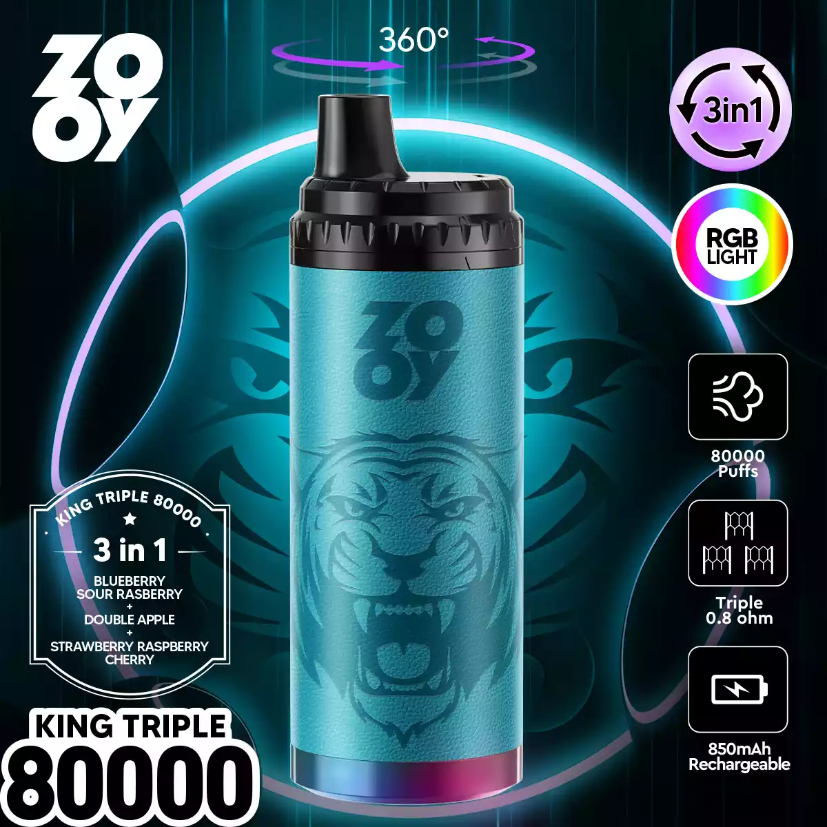 Zooy King Triple 80000 Puffs Disposable Vape 3 in 1 Flavors