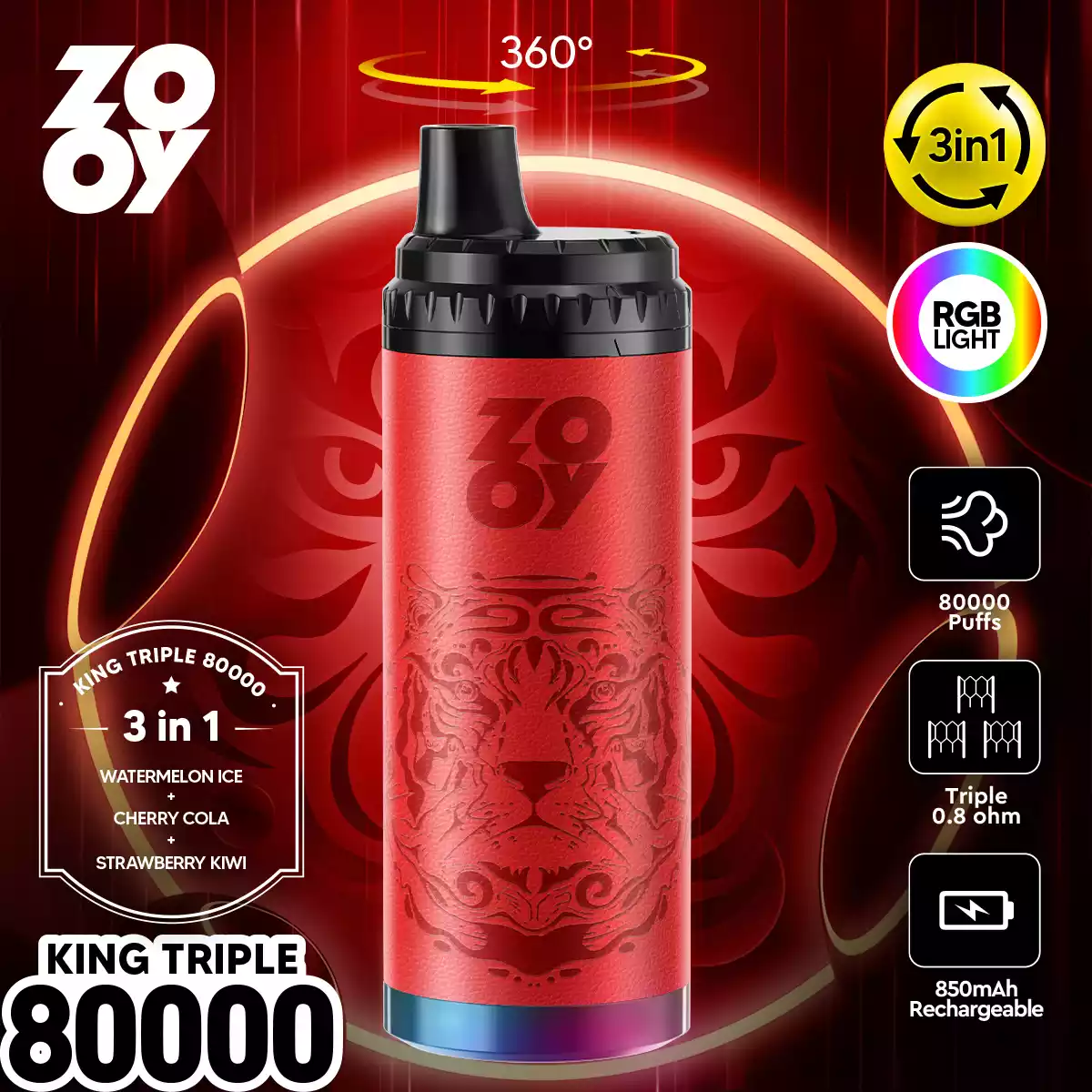 Zooy King Triple 80000 Puffs Disposable Vape 3 in 1 Flavors