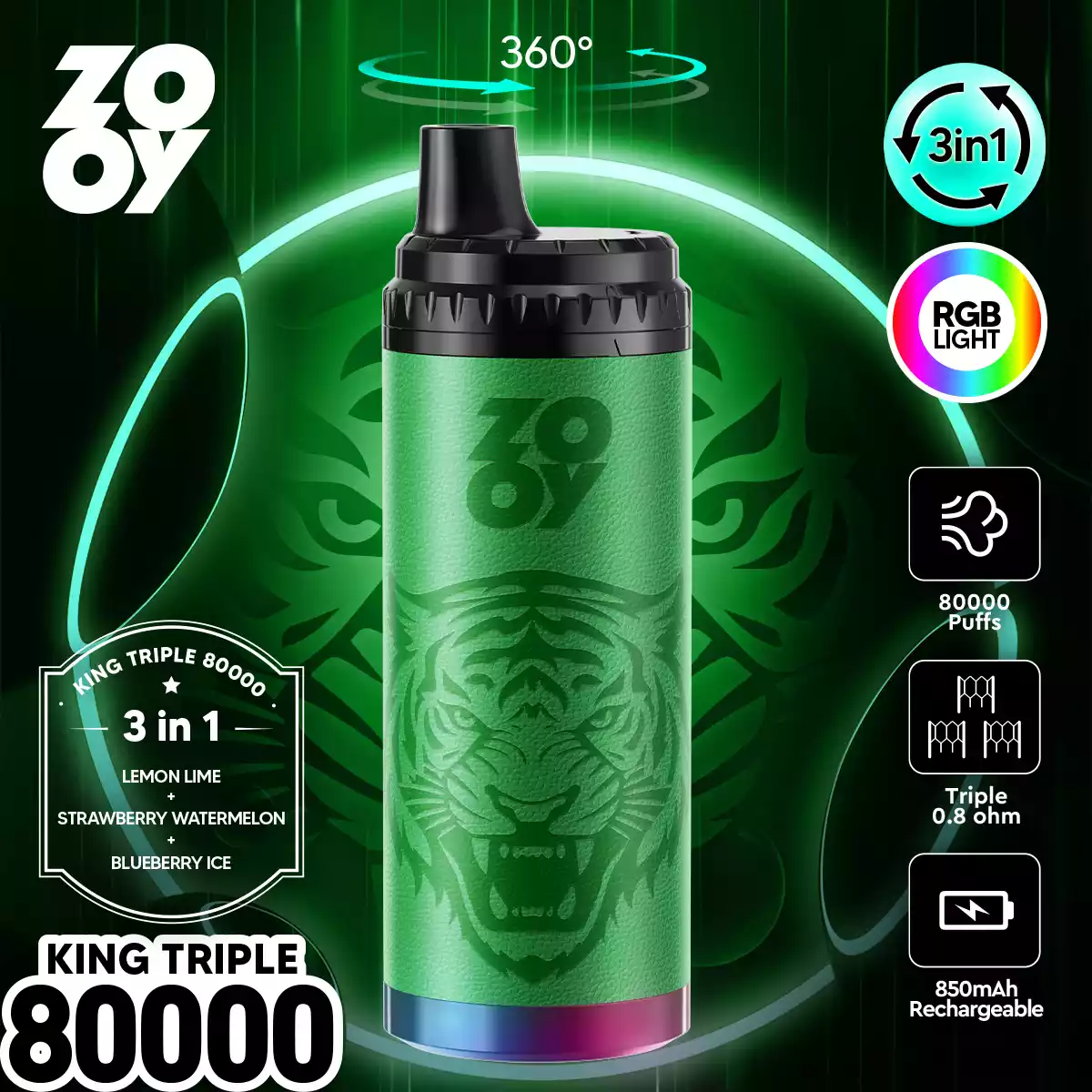 Zooy King Triple 80000 Puffs Disposable Vape 3 in 1 Flavors