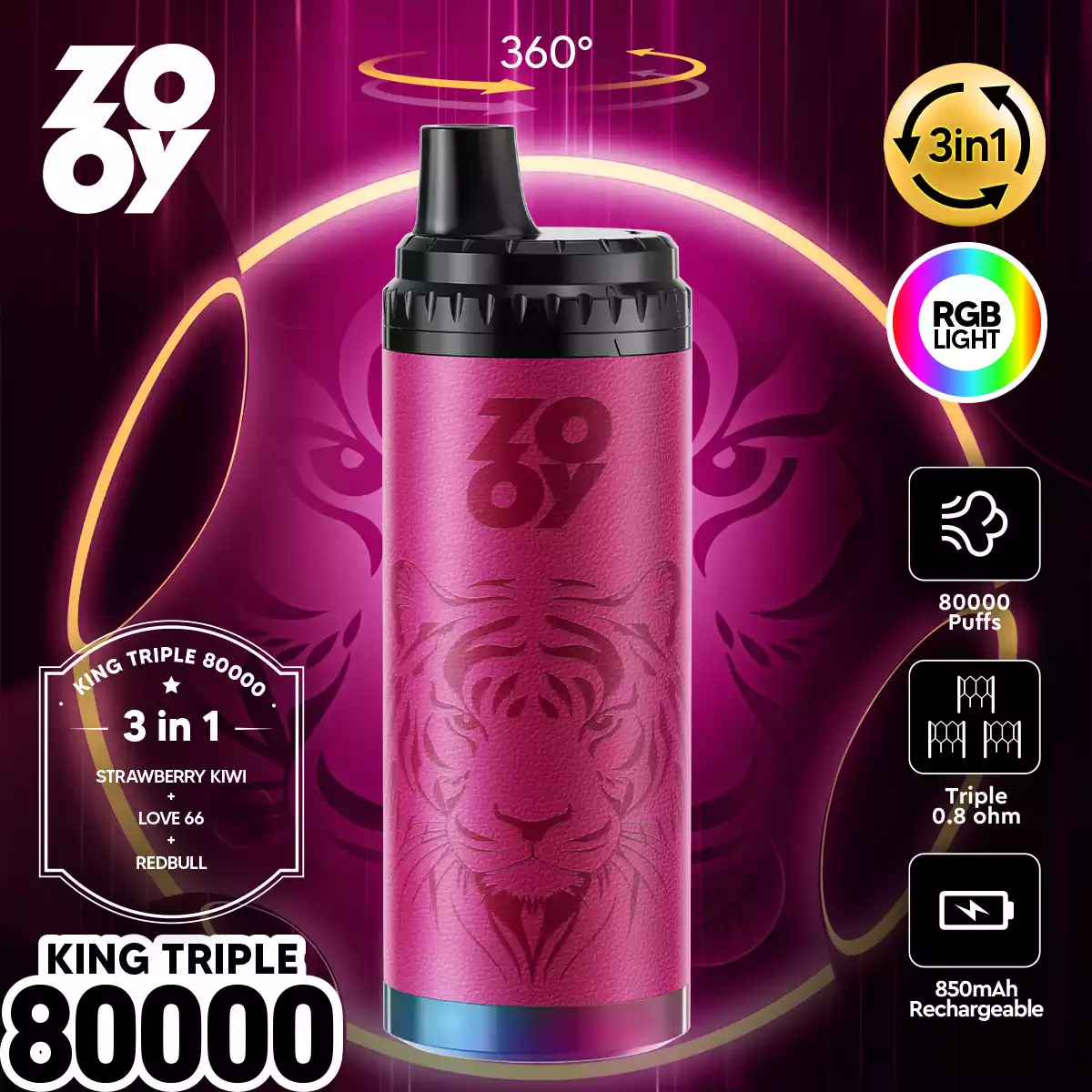 Zooy King Triple 80000 Puffs Disposable Vape 3 in 1 Flavors