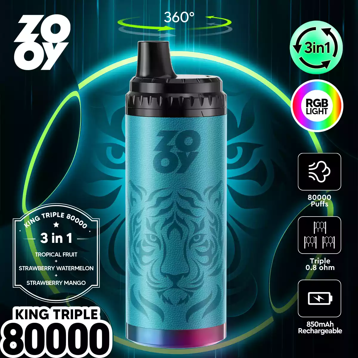 Zooy King Triple 80000 Puffs Disposable Vape 3 in 1 Flavors