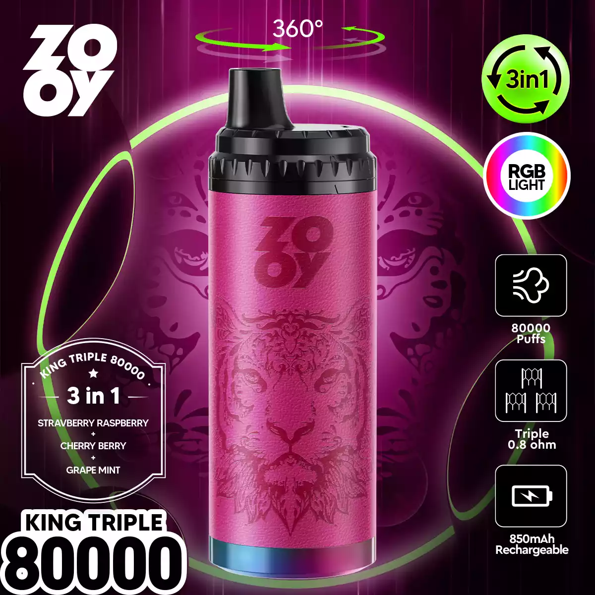 Zooy King Triple 80000 Puffs Disposable Vape 3 in 1 Flavors
