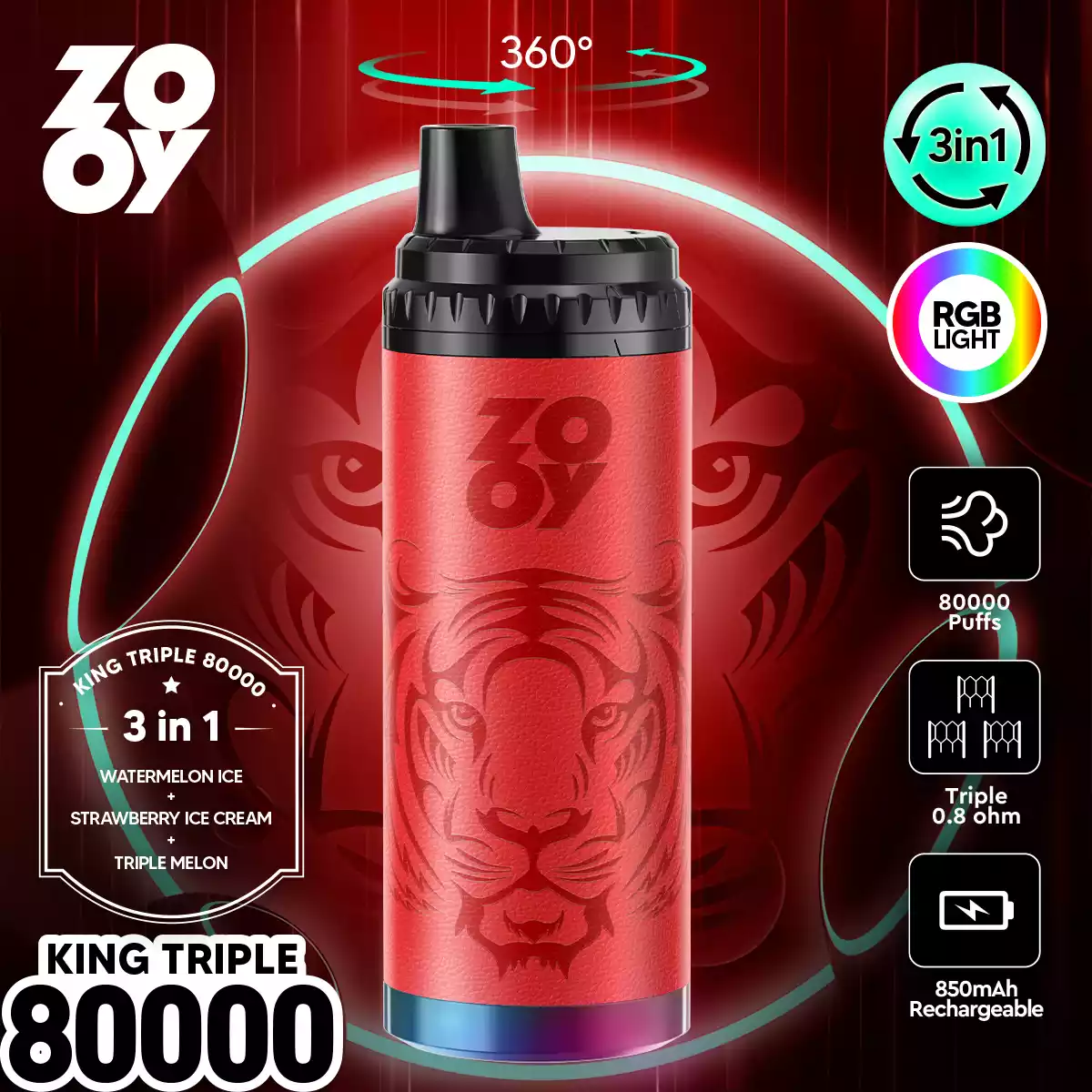 Zooy King Triple 80000 Puffs Disposable Vape 3 in 1 Flavors